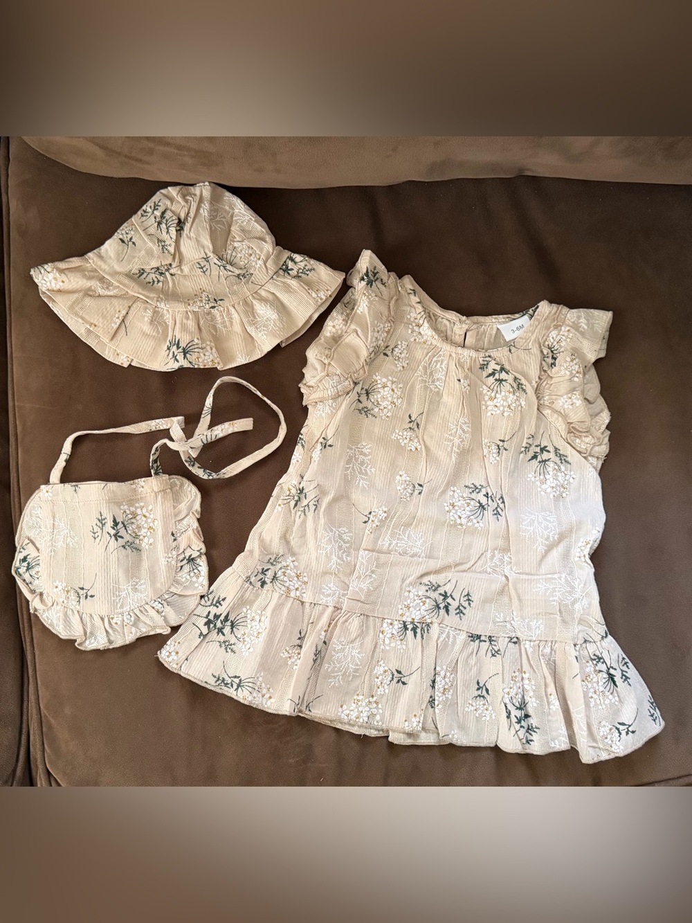 Beige Floral Baby Dress with Hat & Bloomers. NWOT